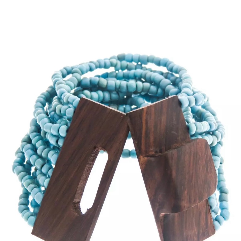 Wooden Beaded Bracelet with Blue Accents